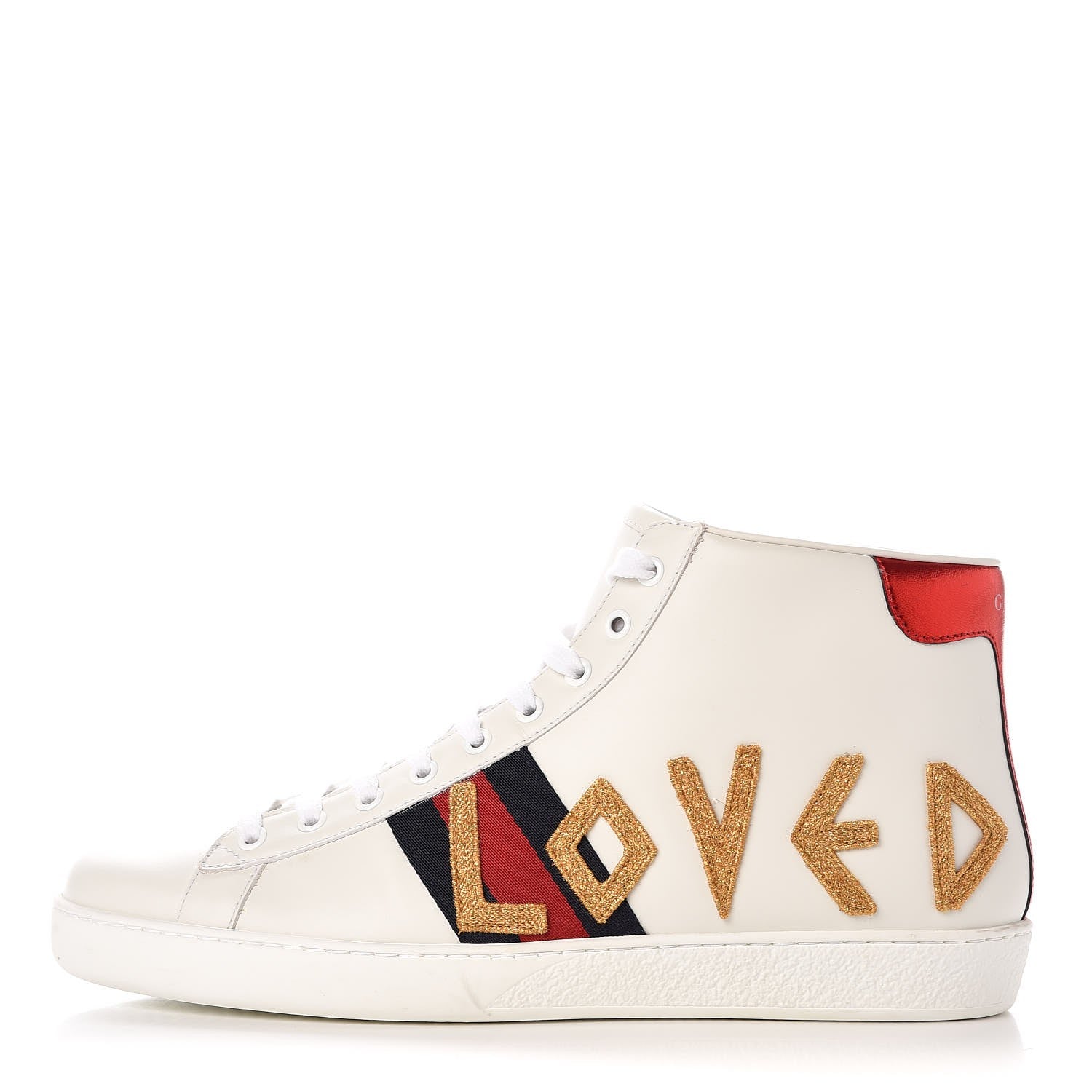 Gucci Calfskin Nappa Web LOVED Embroidered Mens Ace High Top Sneakers 10 White Red Flame Notte 1 of 11