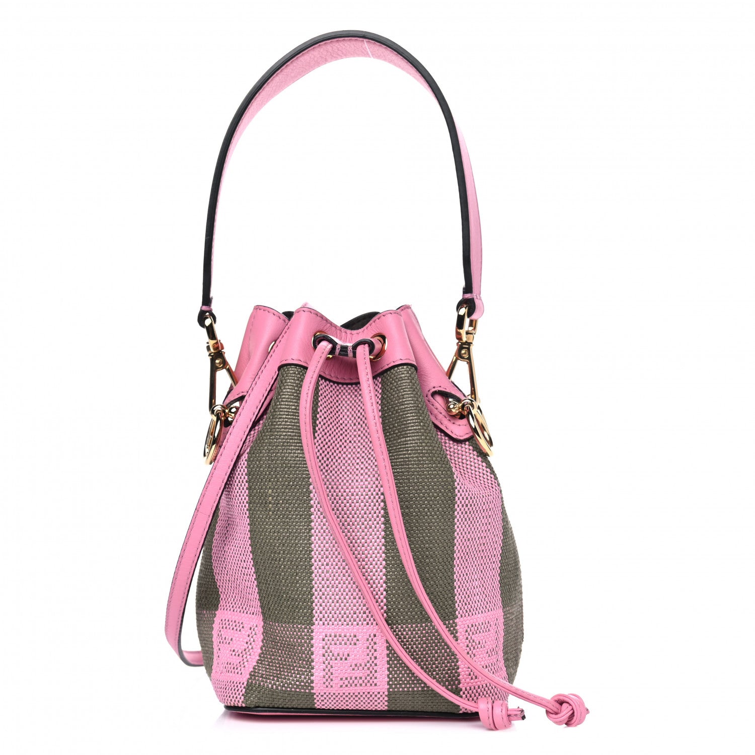 Fendi Raffia Vitello Seta F is Fendi Pequin Gingham Woven Mini Mon Tresor Bucket Bag Military Rosa Lollypop 1 of 5