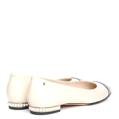 Chanel Patent Calfskin Pearl Cap Toe Flats 39.5 Light Beige Black 4 of 20