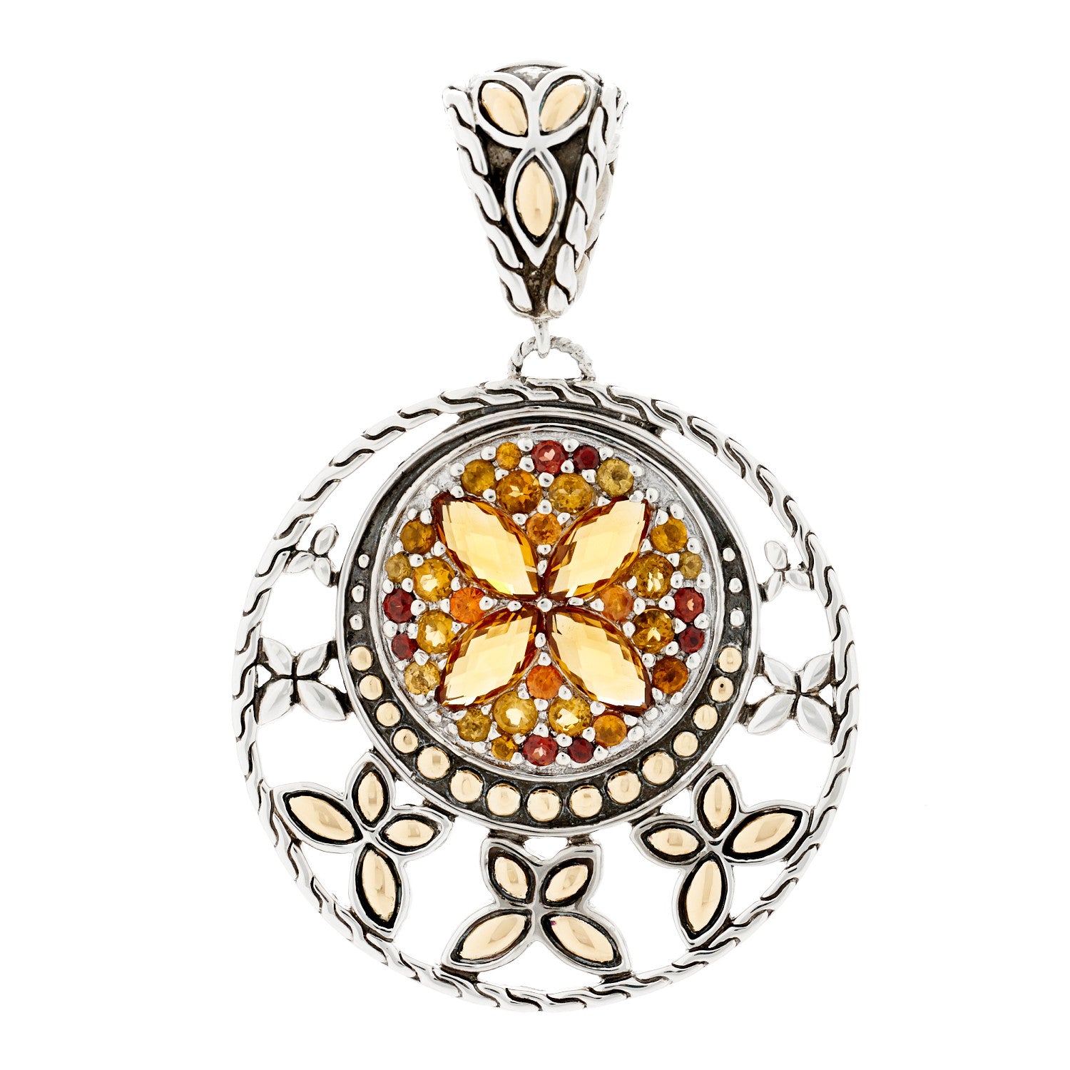 John Hardy Sterling Silver 18K Yellow Gold Citrine Garnet Kawung Round Pendant 1 of 3