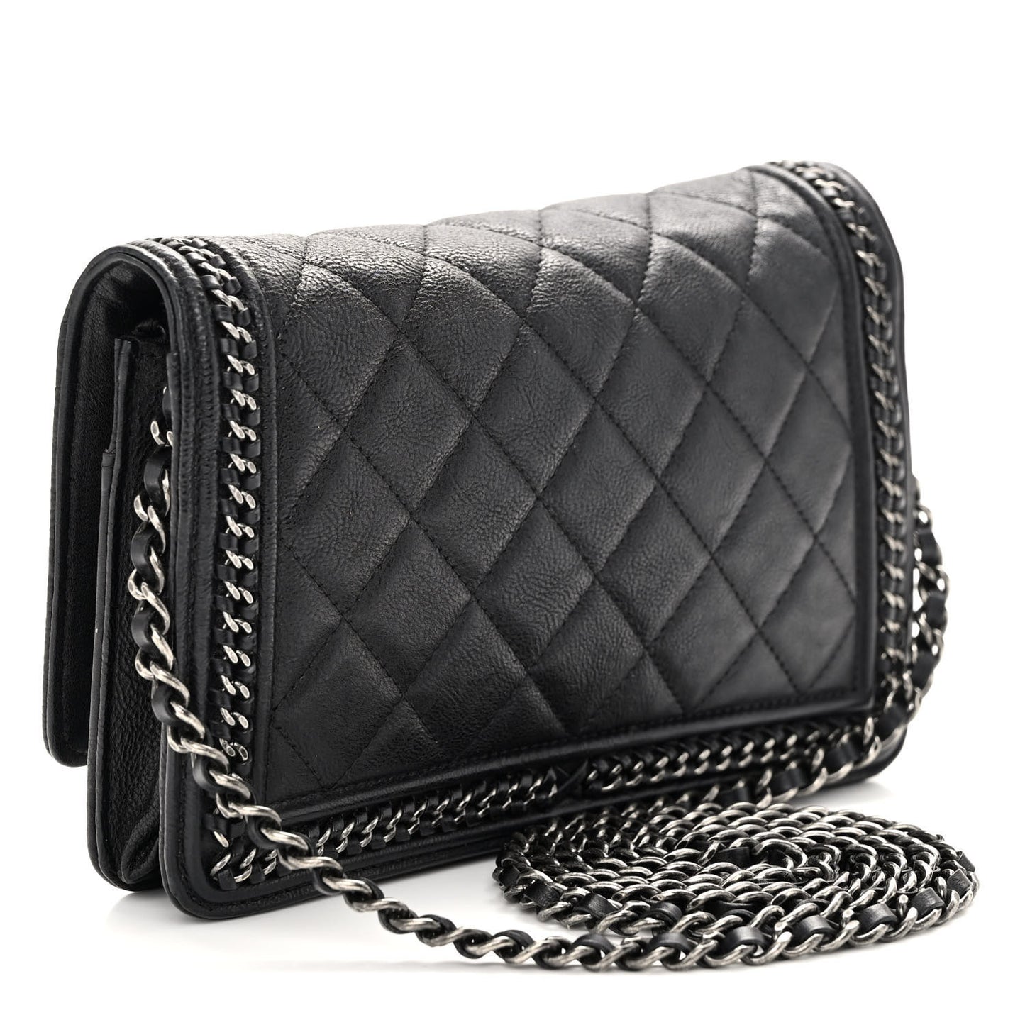 Calfskin Quilted Chain Around Boy Wallet On Chain WOC Black