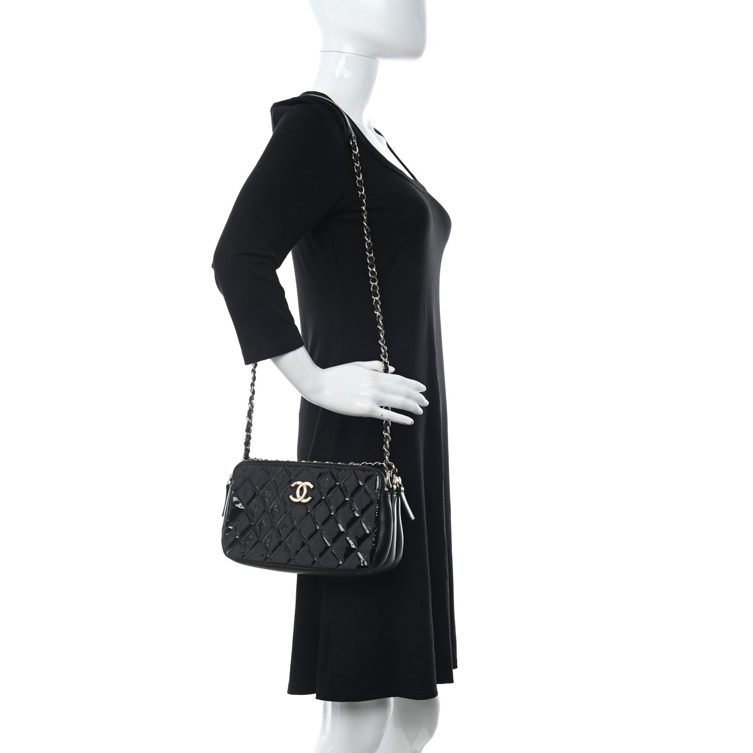 Chanel Patent Quilted Crown CC Double Zip Bag Black 2 of 12
