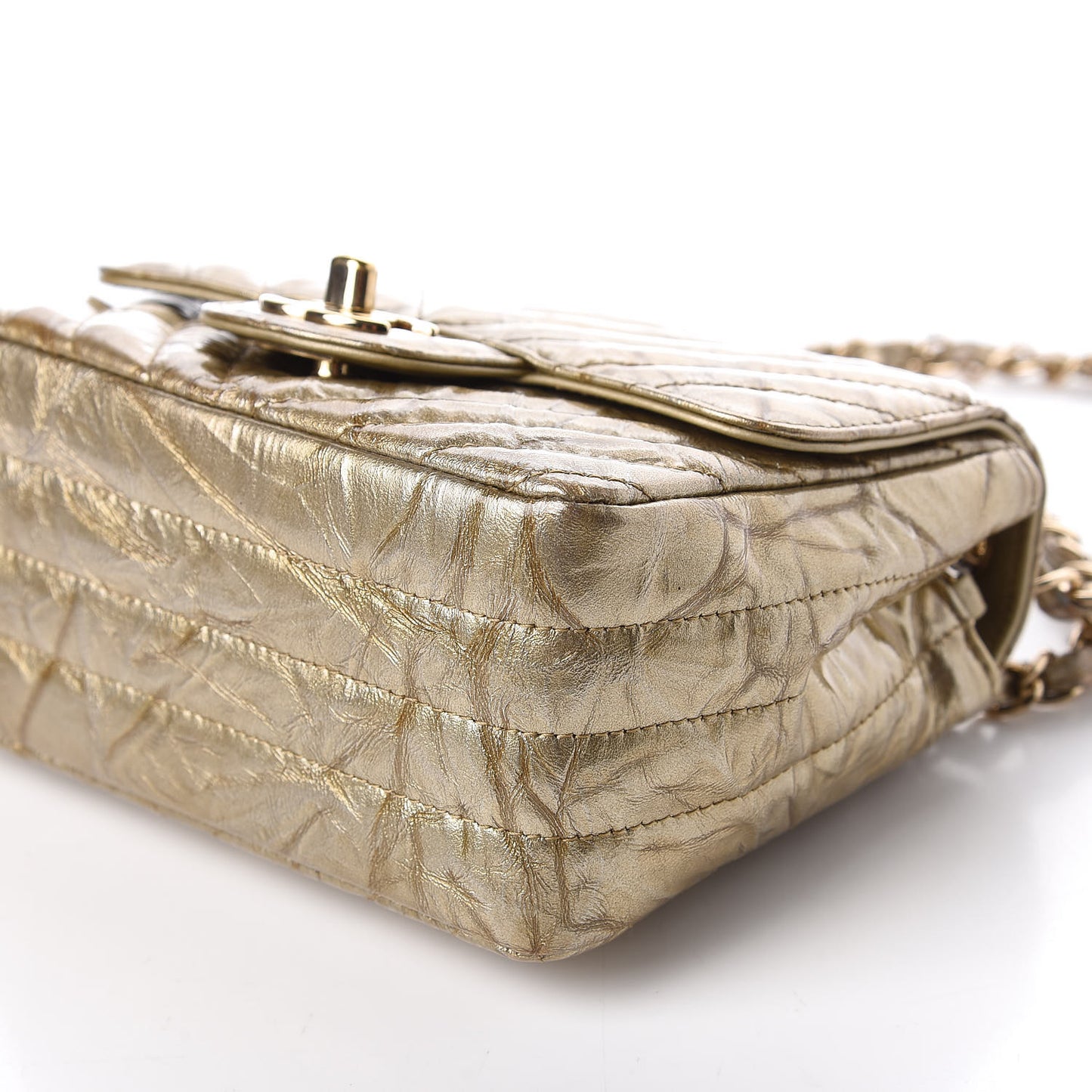 Patent Metallic Crumpled Calfskin Chevron Quilted Mini Rectangular Flap Gold
