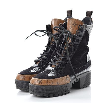 Louis Vuitton Suede Calfskin Reverse Monogram Laureate Platform Desert Boots 37.5 Black 3 of 12