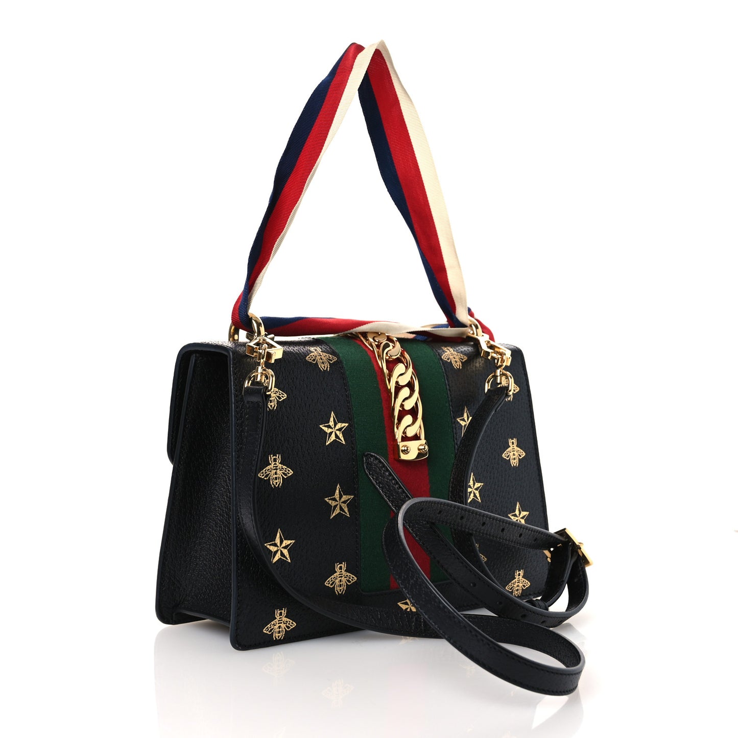 Textured Calfskin Bee Star Print Small Sylvie Shoulder Bag Black