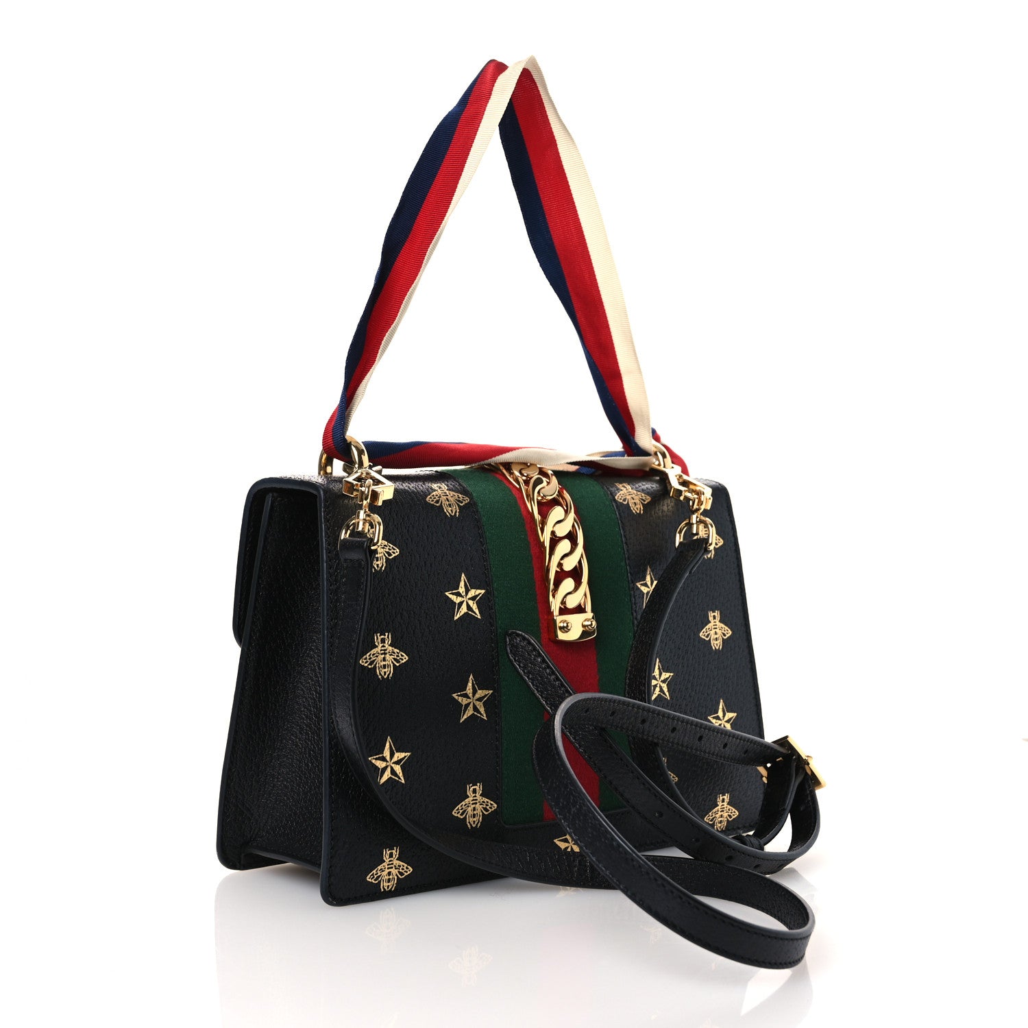 Gucci Textured Calfskin Bee Star Print Small Sylvie Shoulder Bag Black 3 of 11