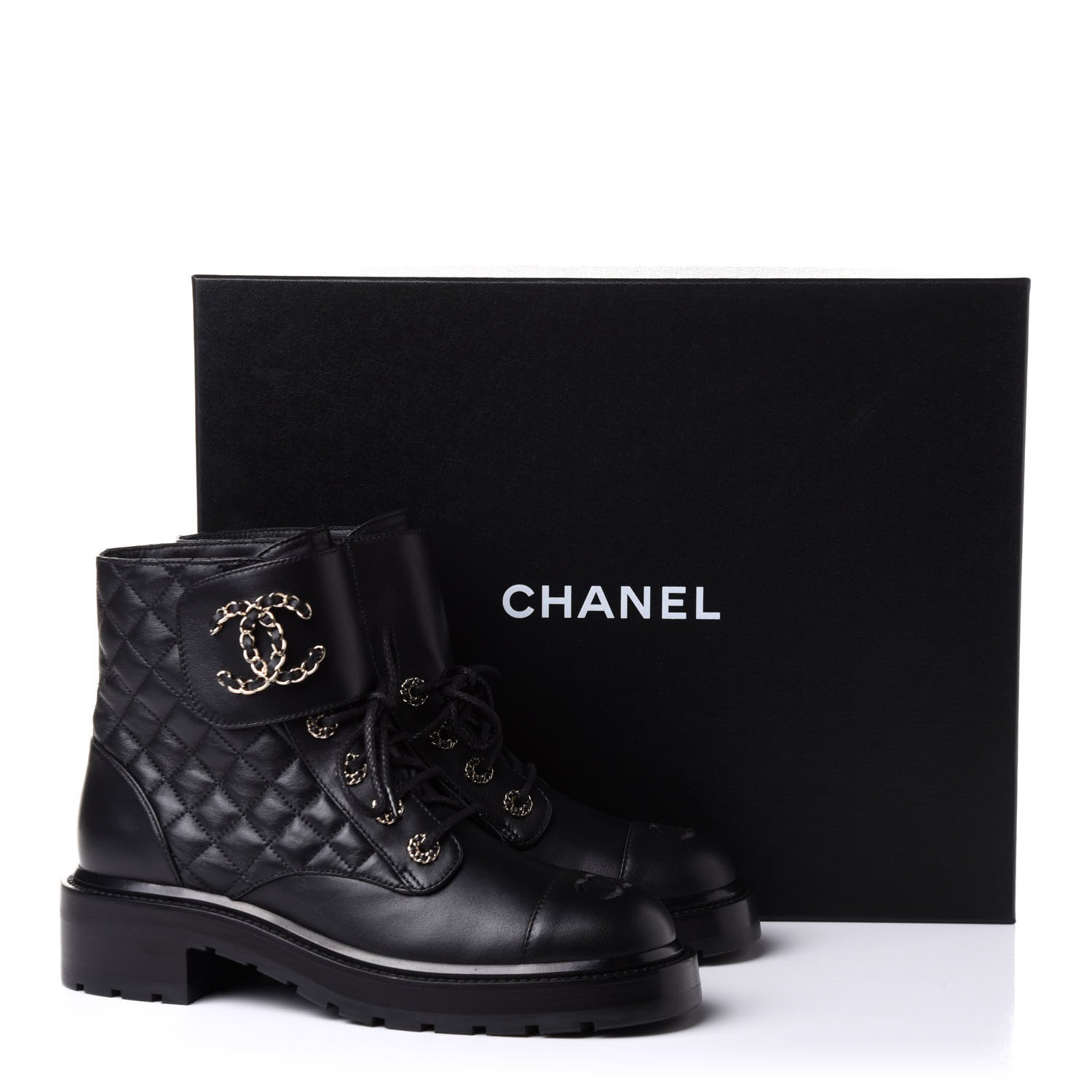 Chanel Shiny Lambskin Quilted Lace Up Combat Boots 39.5 Black 11 of 11