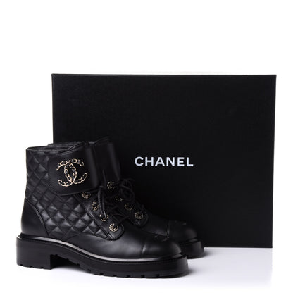 Chanel Shiny Lambskin Quilted Lace Up Combat Boots 39.5 Black 11 of 11