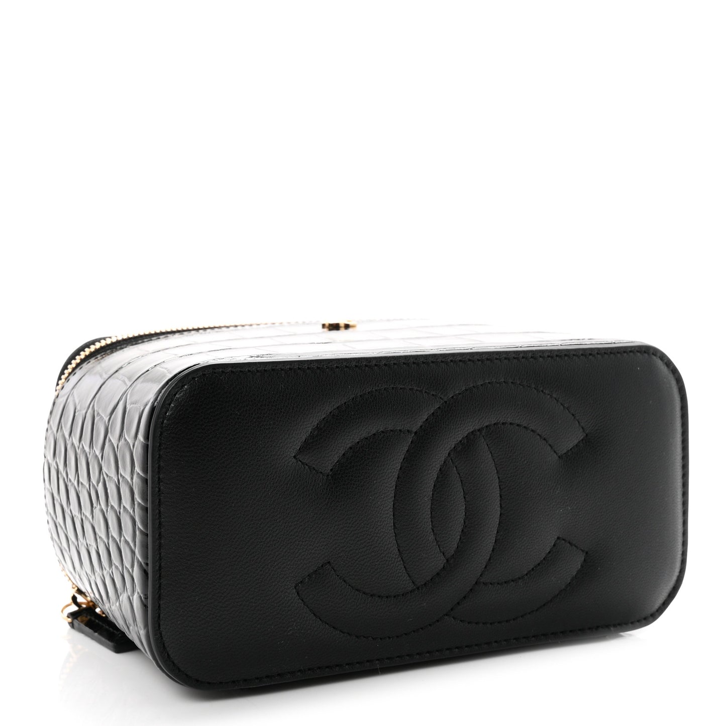 Calfskin Crocodile Embossed Crococo Small Top Handle Vanity Case With Chain Black