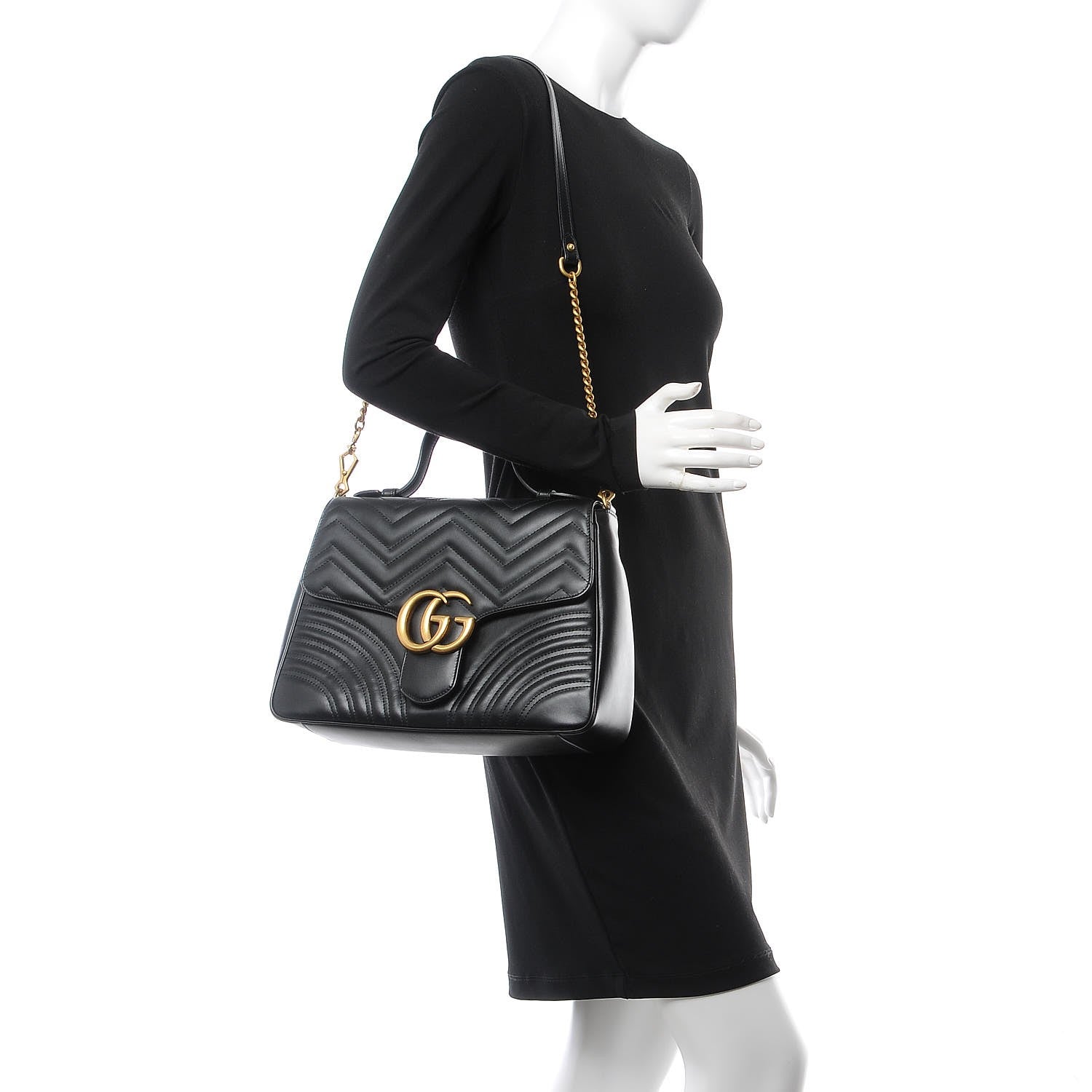 Gucci Calfskin Matelasse Medium GG Marmont Top Handle Shoulder Bag Black 2 of 9