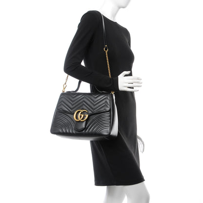 Gucci Calfskin Matelasse Medium GG Marmont Top Handle Shoulder Bag Black 2 of 9
