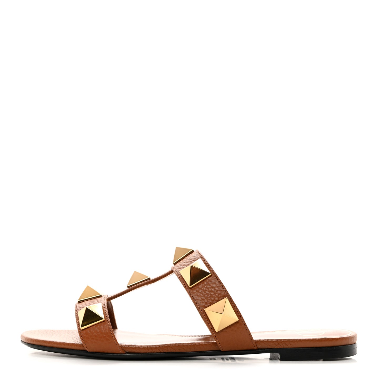 VALENTINO GARAVANI Calfskin Roman Stud Flat Slide Sandals 37 Saddle Brown