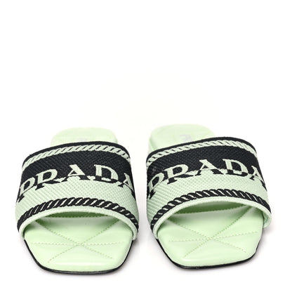 Prada Fabric Logo Embroidered 10mm Slide Sandals 35 Black Acqua 2 of 7