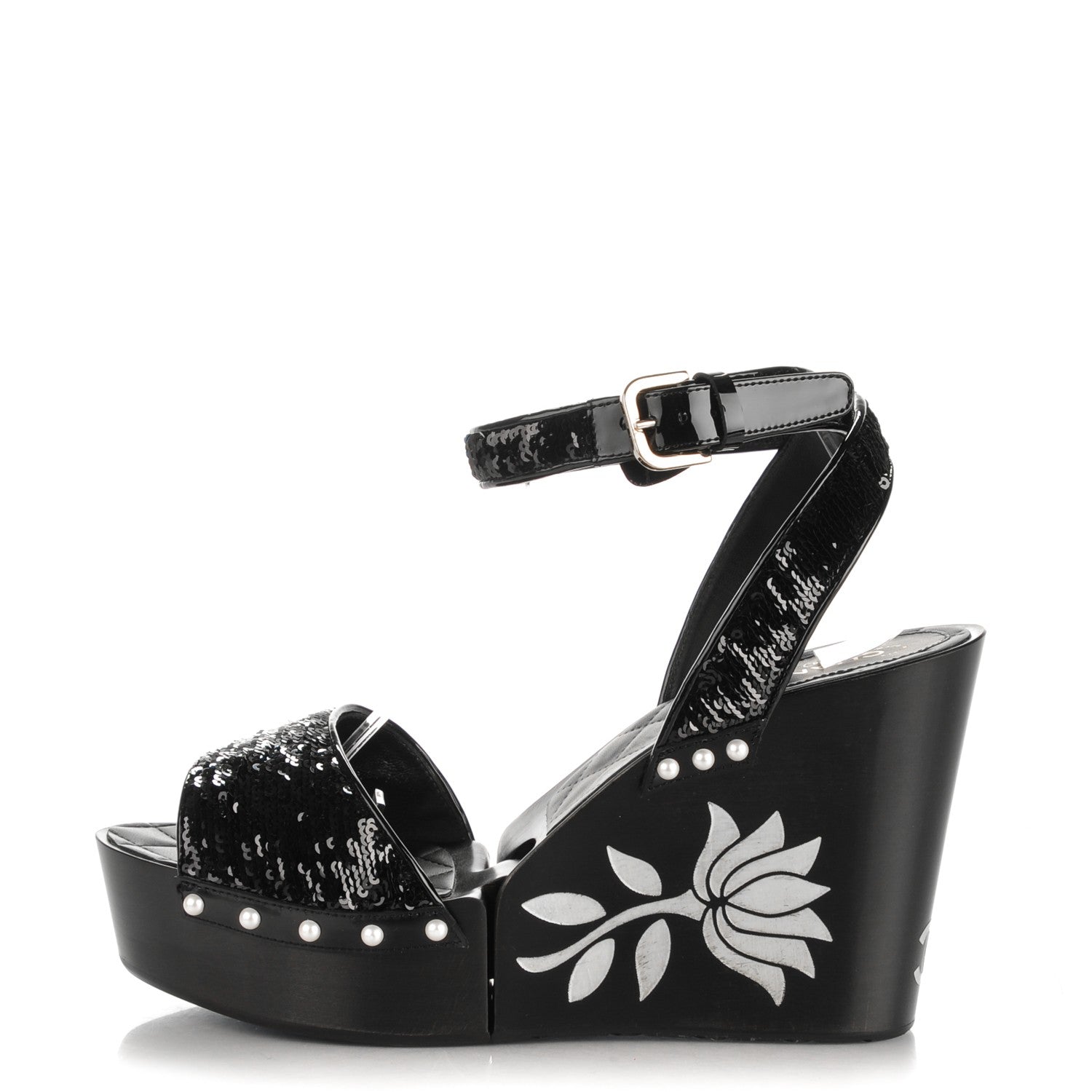 Chanel Sequin Wedge Sandals 41 Black 1 of 10