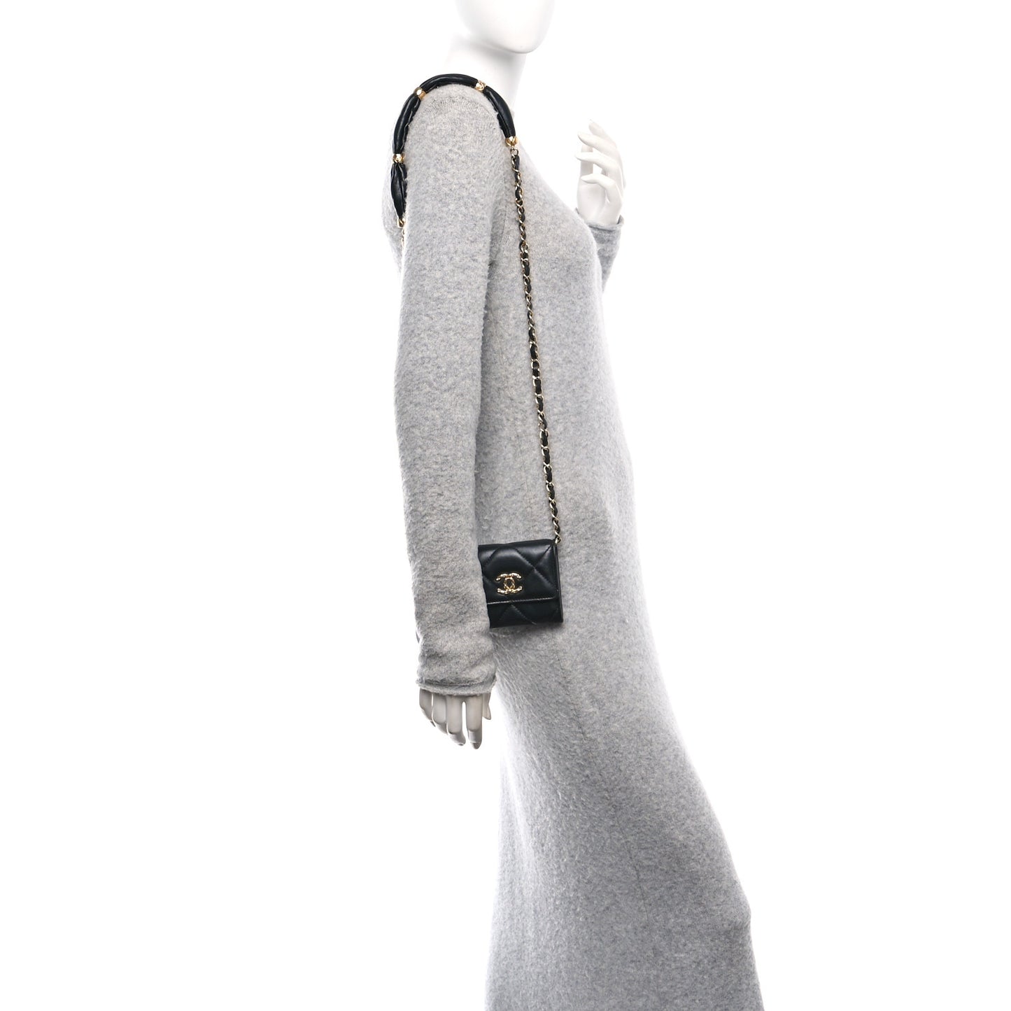 Lambskin Pearl Quilted CC Flap Card Holder With Chain  Black