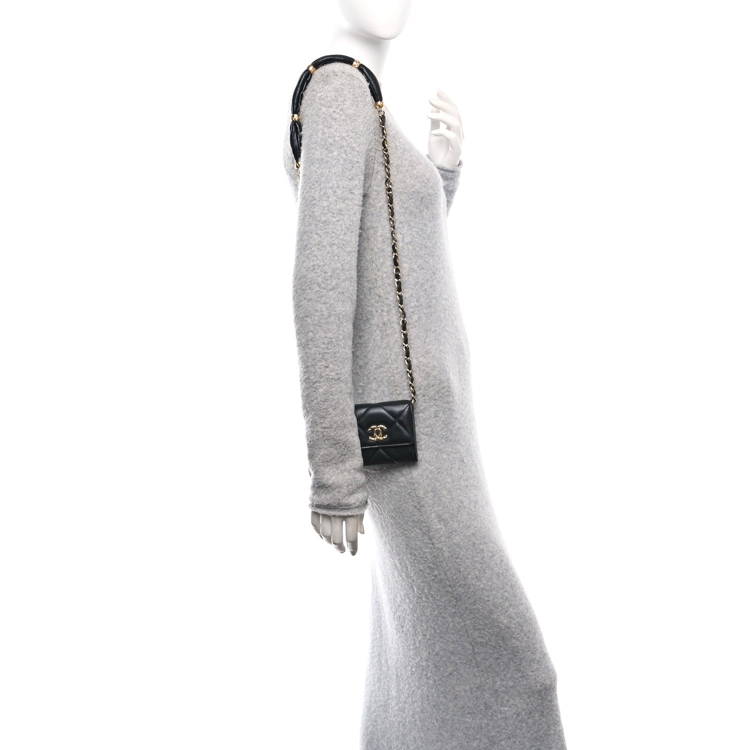 Chanel Lambskin Pearl Quilted CC Flap Card Holder With Chain  Black 2 of 11