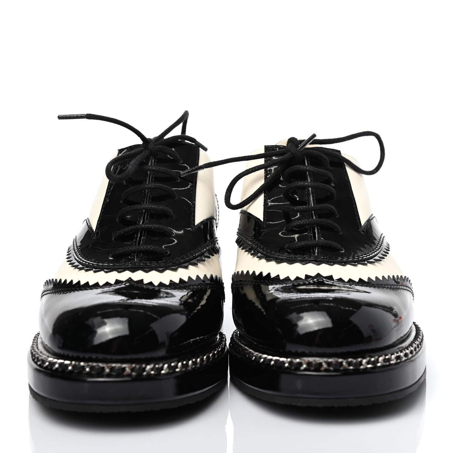 Chanel Lambskin Patent Calfskin CC Brogue Lace Up Oxfords 38.5 Ivory Black 2 of 4