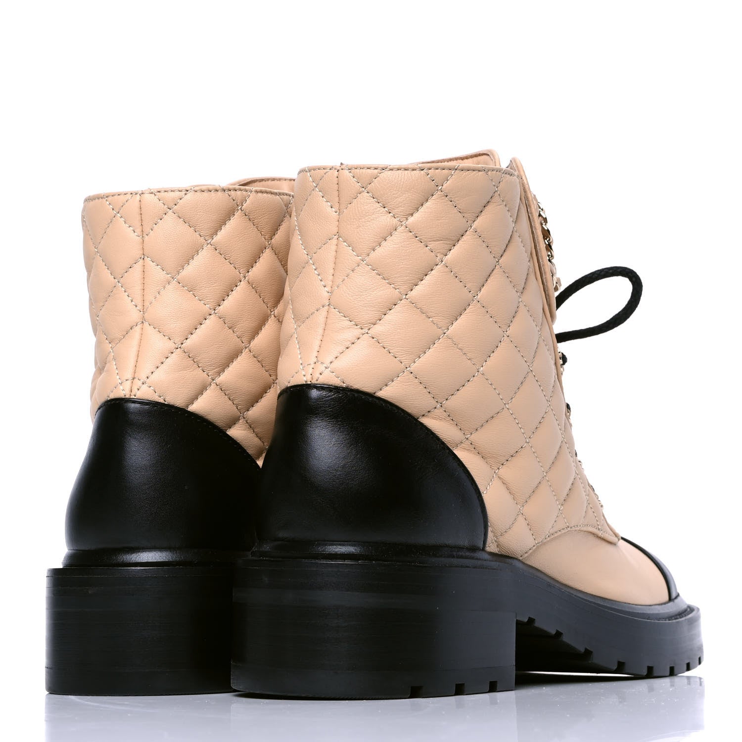 Chanel Lambskin Calfskin Quilted Lace Up Combat Boots 37.5 Beige Black 3 of 4