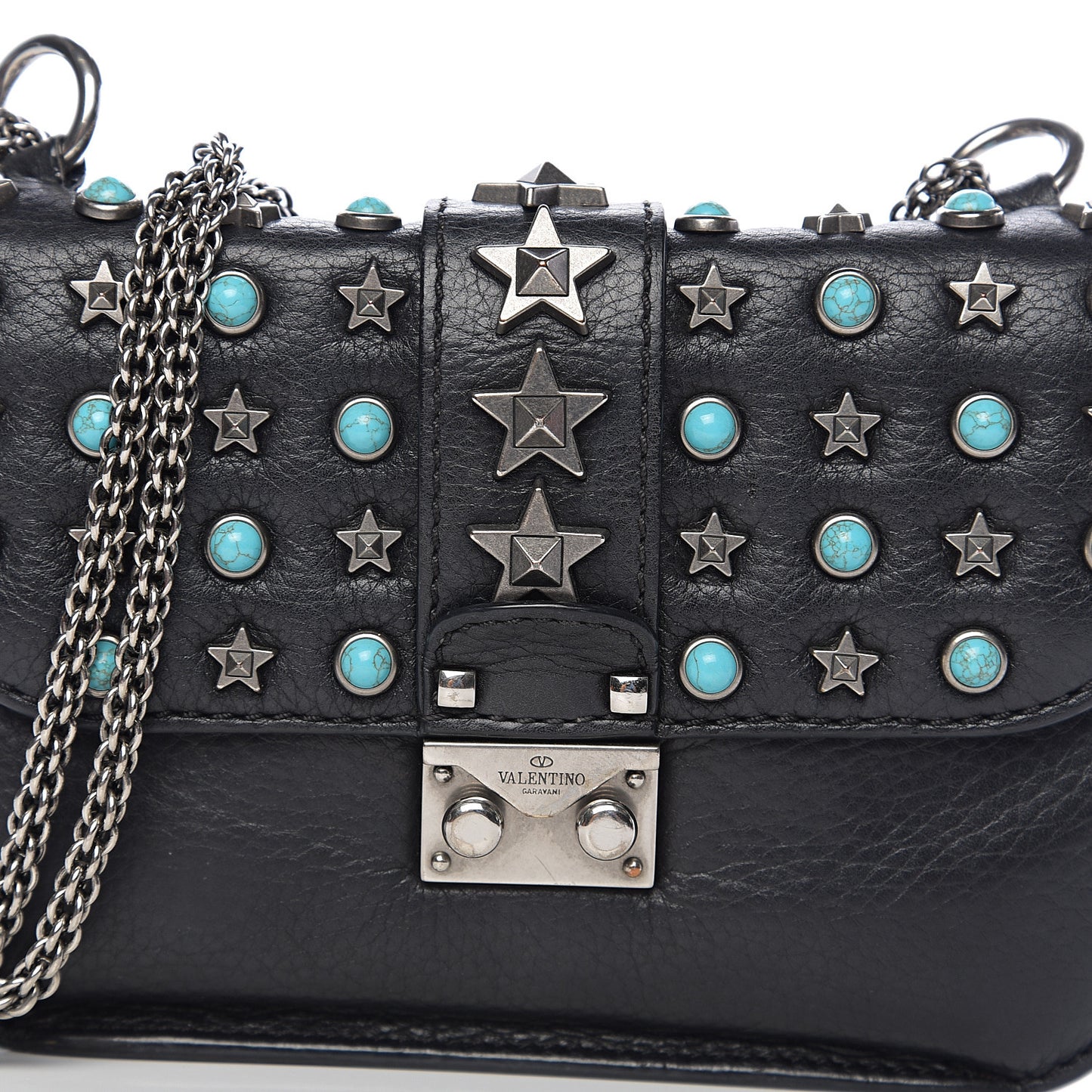 Pebbled Calfskin Star Studded Small Lock Flap Black