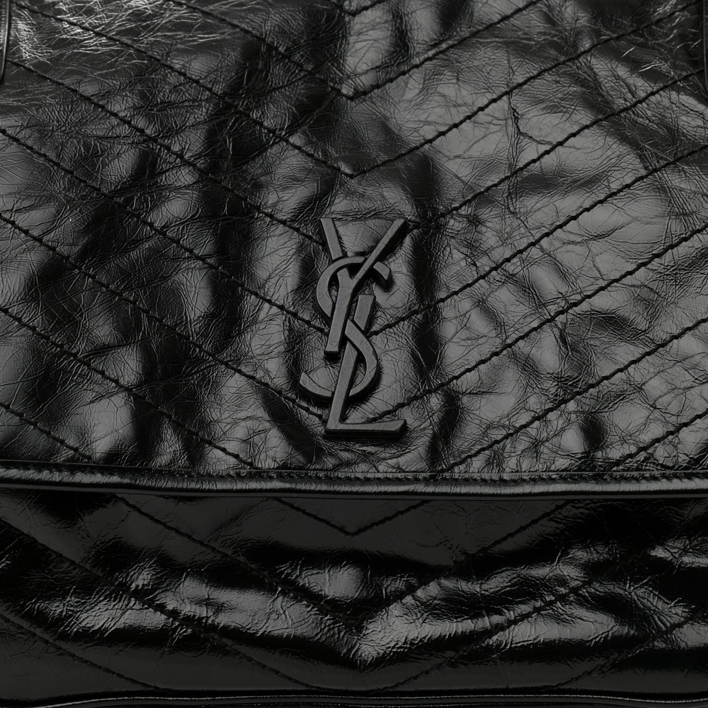 Crinkled Calfskin Matelasse Monogram Large Niki Chain Satchel Black