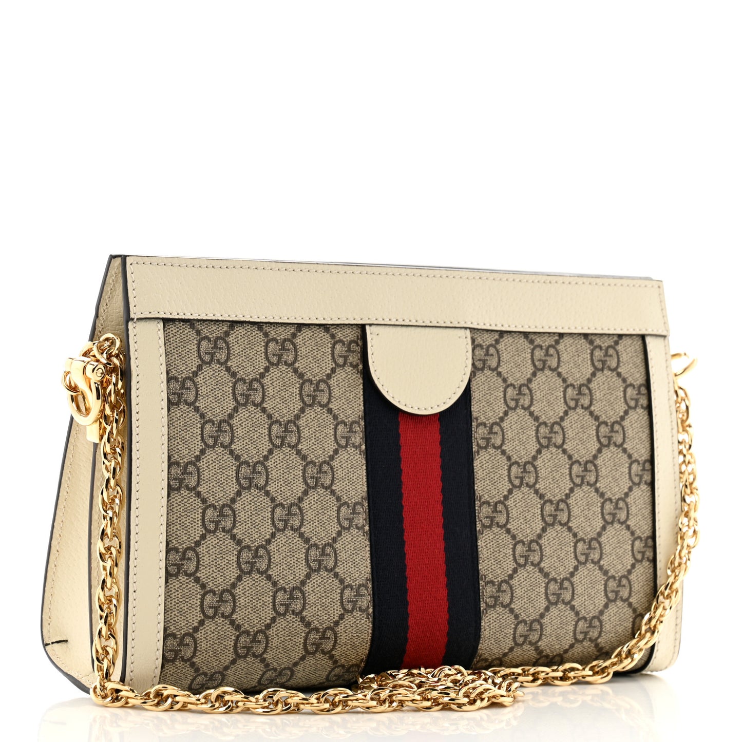 GG Supreme Monogram Textured Calfskin Web Small Ophidia Chain Shoulder Bag Beige Ebony Mystic White
