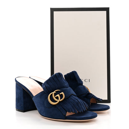 Gucci Kid Scamosciato GG Marmont Fringe 75mm Slide Sandals 41.5 Blue Ink 13 of 13