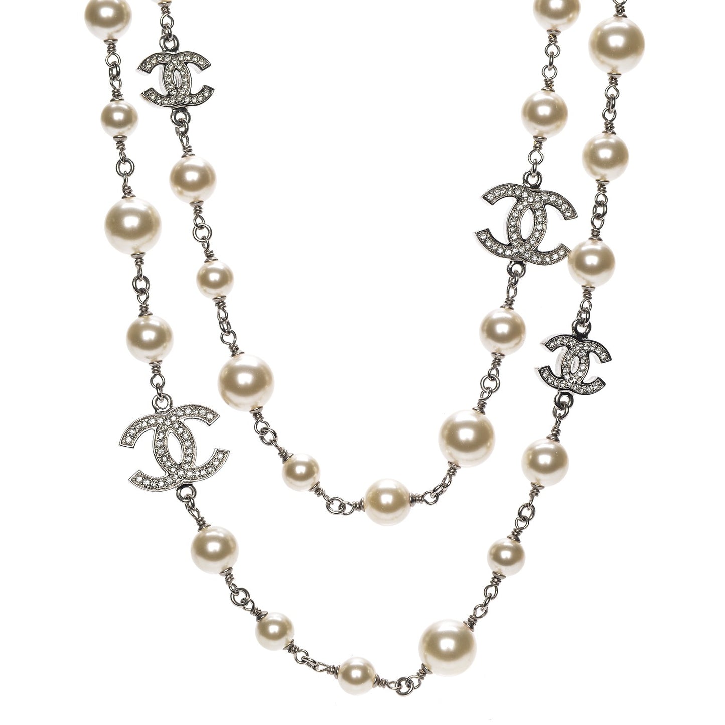 Crystal Pearl CC Long Necklace Silver