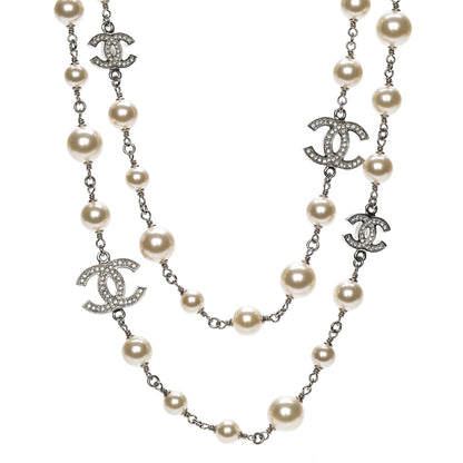Chanel Crystal Pearl CC Long Necklace Silver 1 of 12
