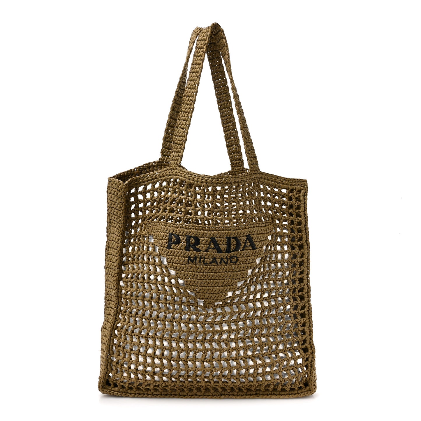 Yarn Raffia Effect Crochet Logo Embroidered Tote Bag Dark Green