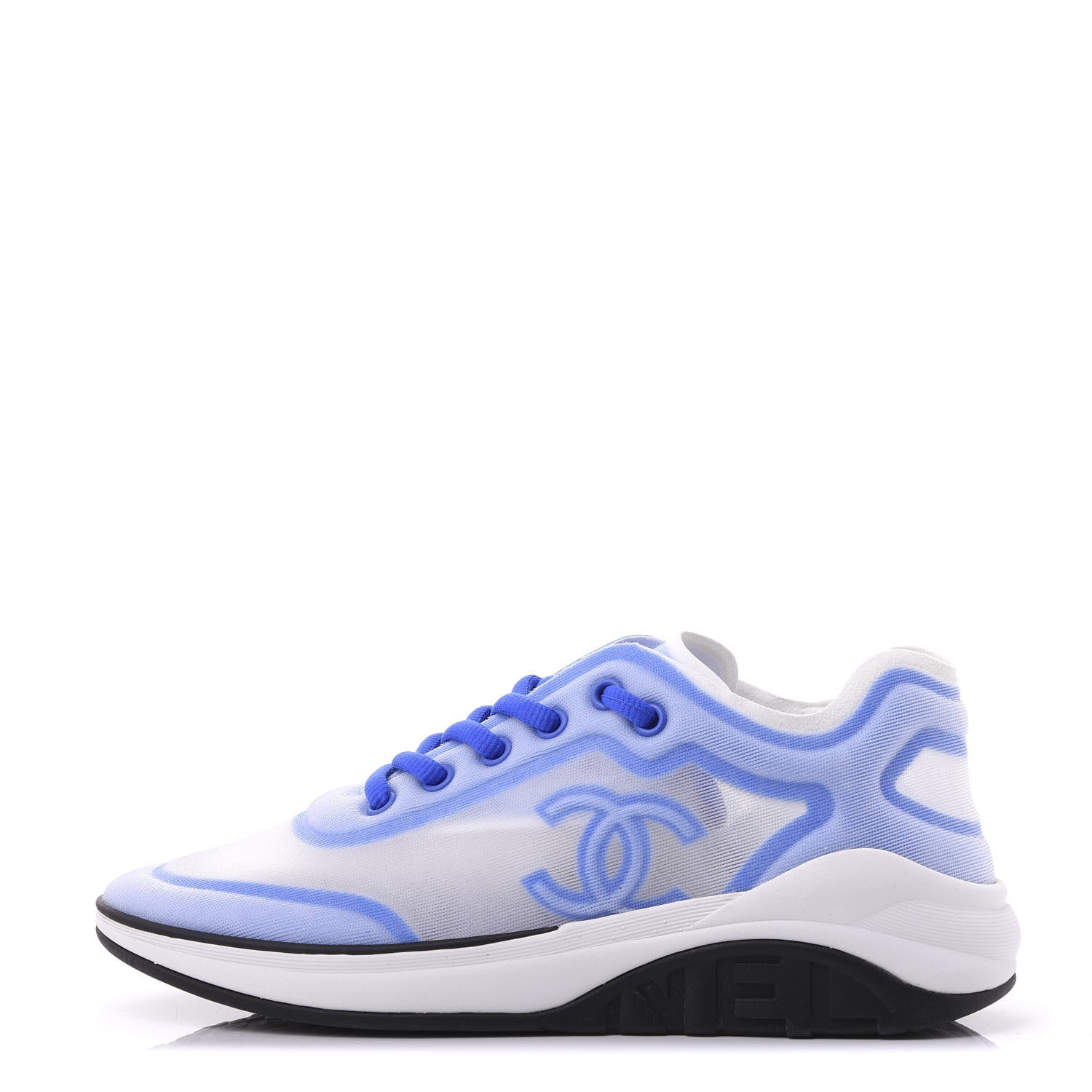 Chanel Calfskin Mesh Lyrca Womens Logo Sneakers 37.5 White Blue 1 of 8