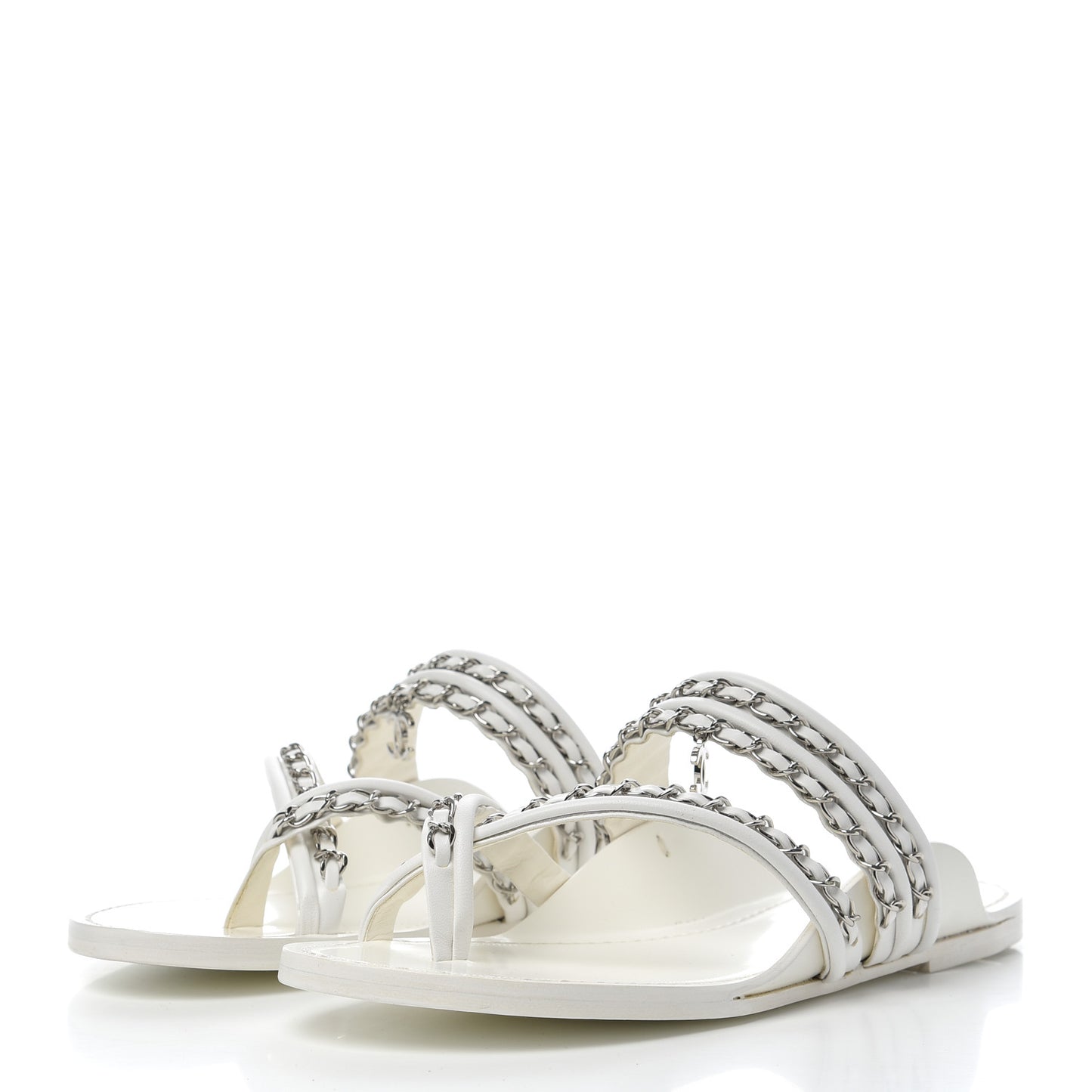 Calfskin Chain CC Thong Flat Sandals 41 White