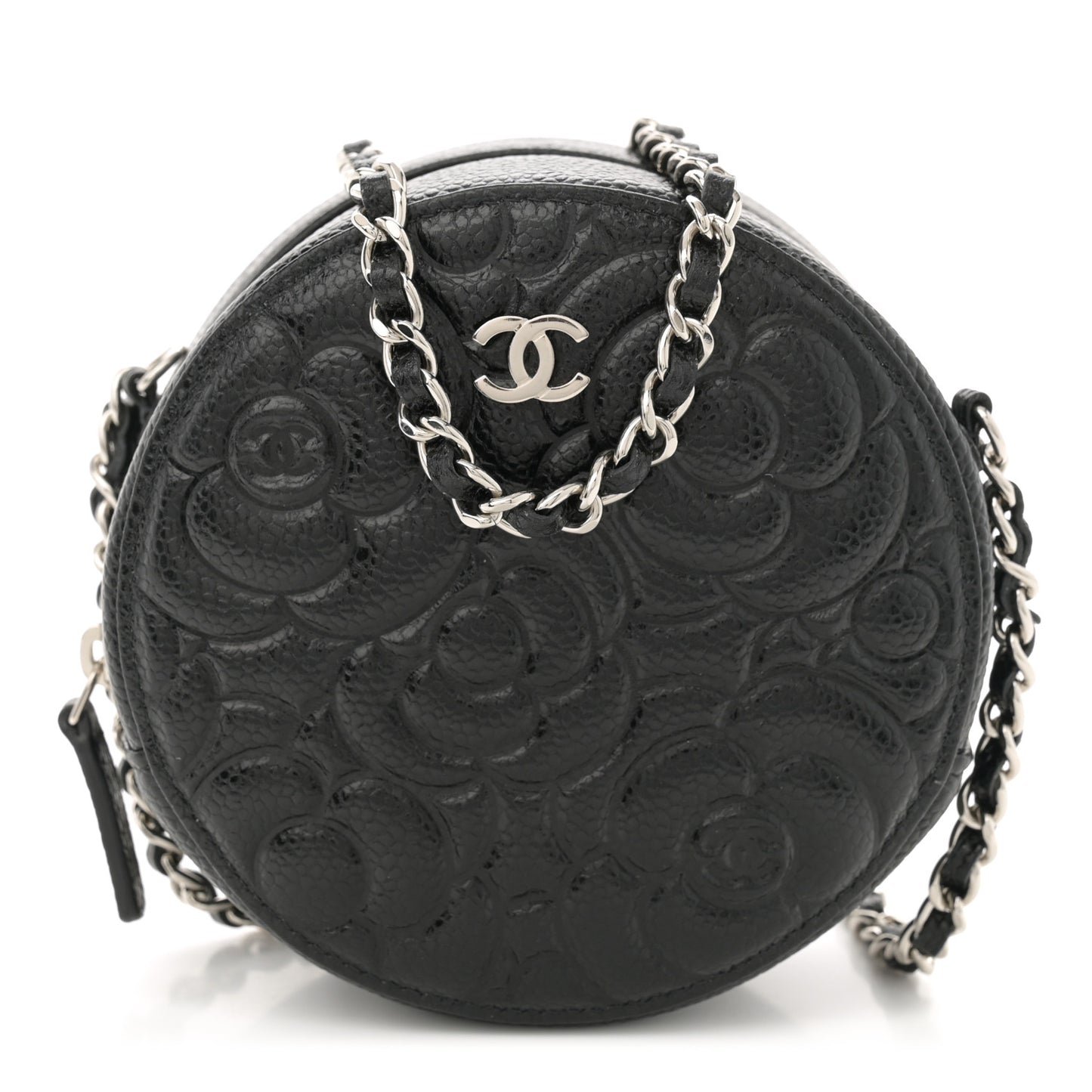 Caviar Camellia Embossed Round Clutch With Chain Black