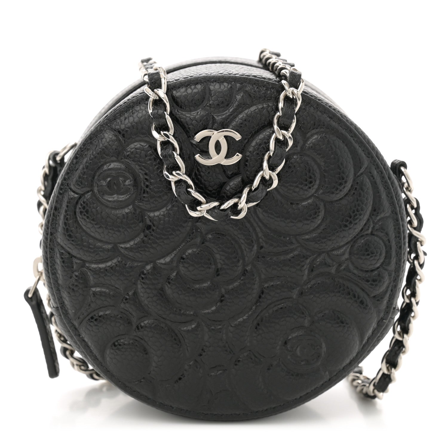 Chanel Caviar Camellia Embossed Round Clutch With Chain Black 1 of 11