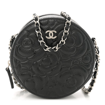 Chanel Caviar Camellia Embossed Round Clutch With Chain Black 1 of 11