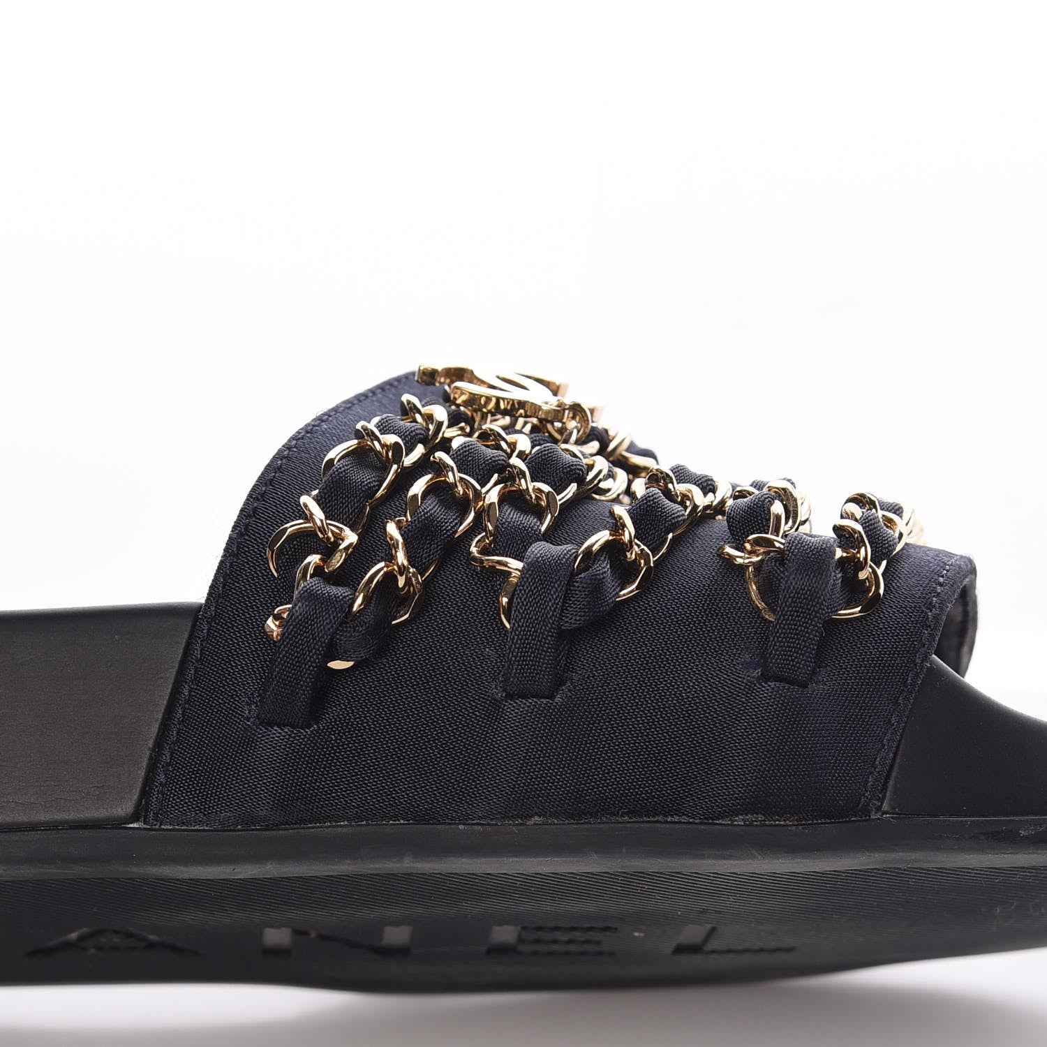 Chanel Satin Canvas Chain Flat Sandals 37 Marine 14 of 16