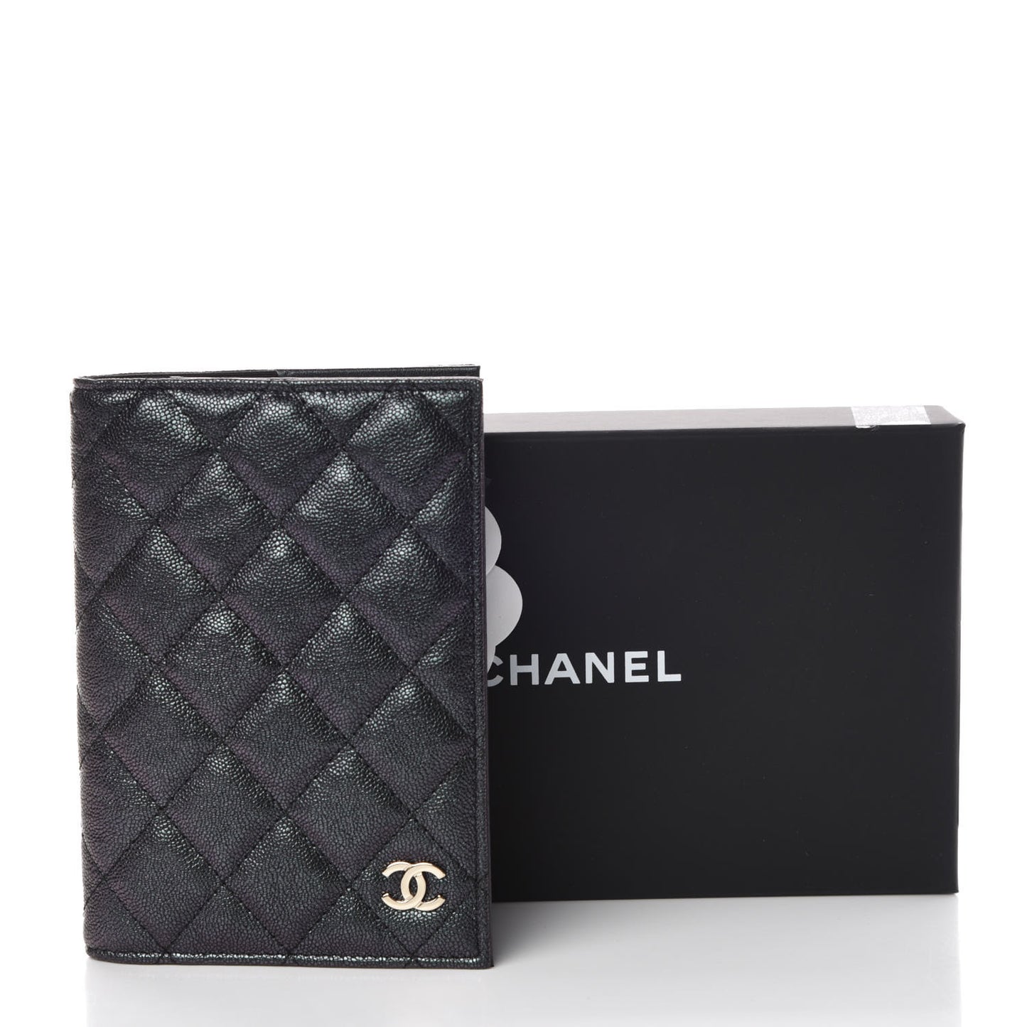 Iridescent Caviar Quilted Passport Holder Black