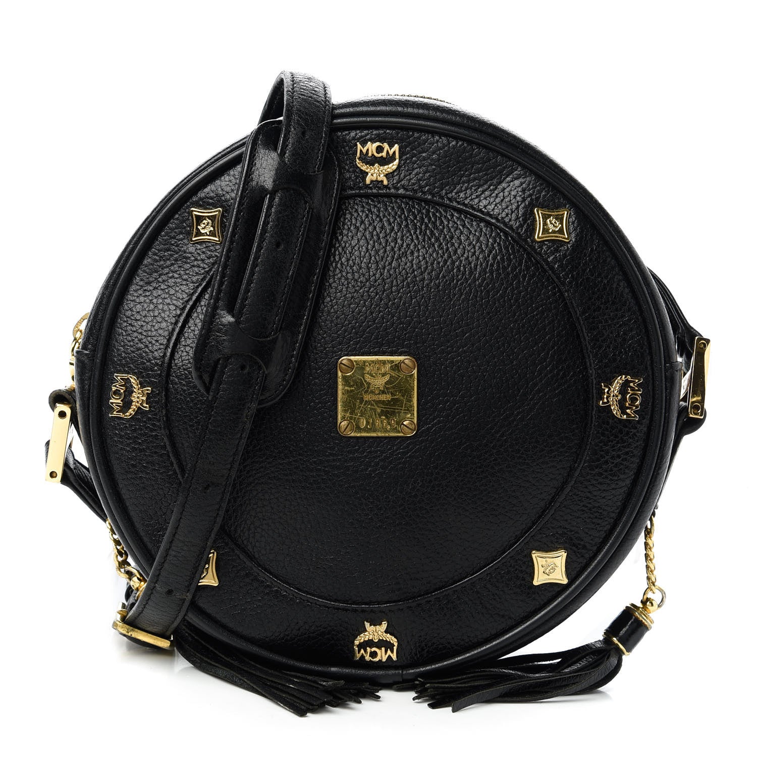 MCM Grained Calfskin Studded Heritage Tambourine Black 1 of 10