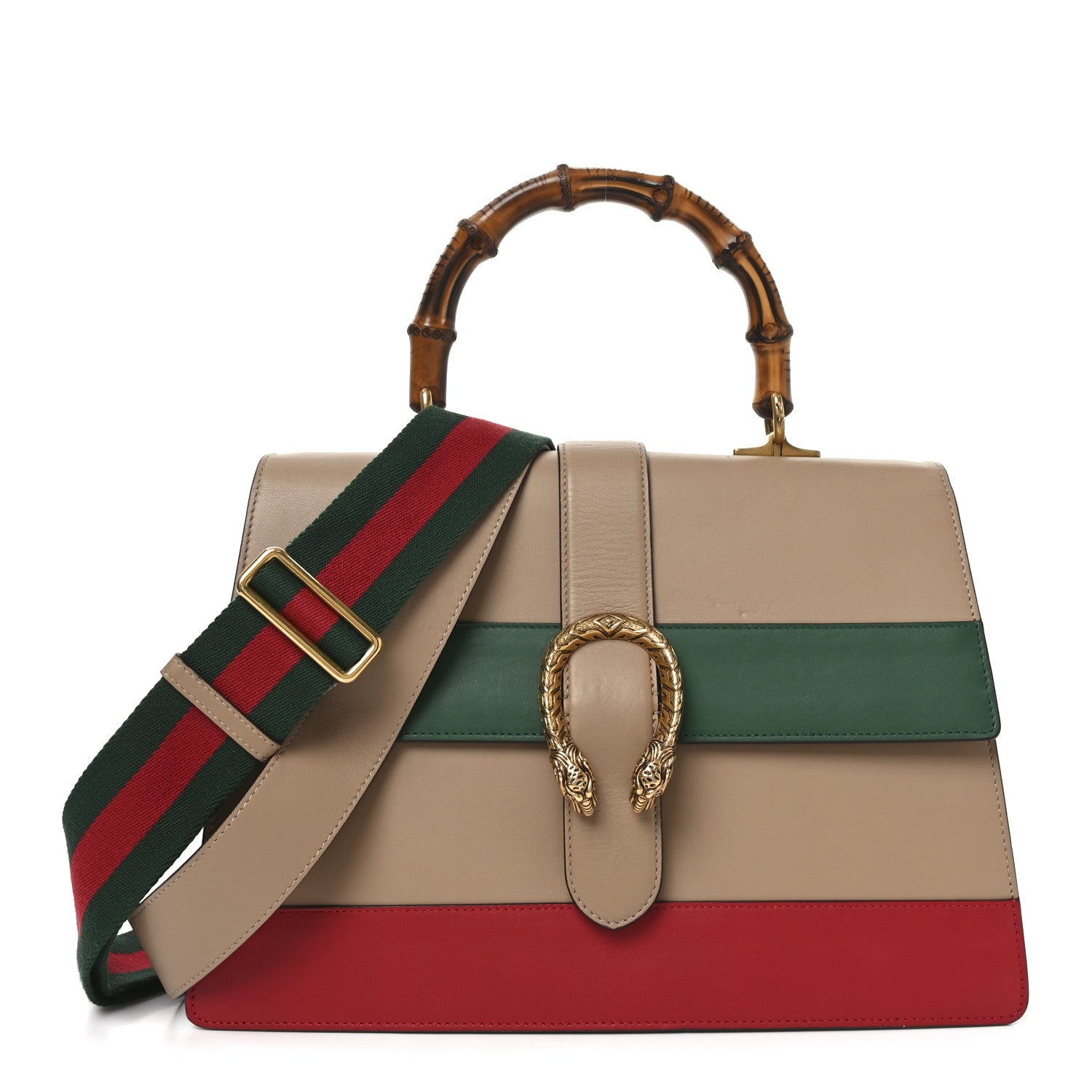 Gucci Moon Calfskin Web Large Dionysus Bamboo Top Handle Bag Camelia Bright Evergreen Hibiscus Red 1 of 10