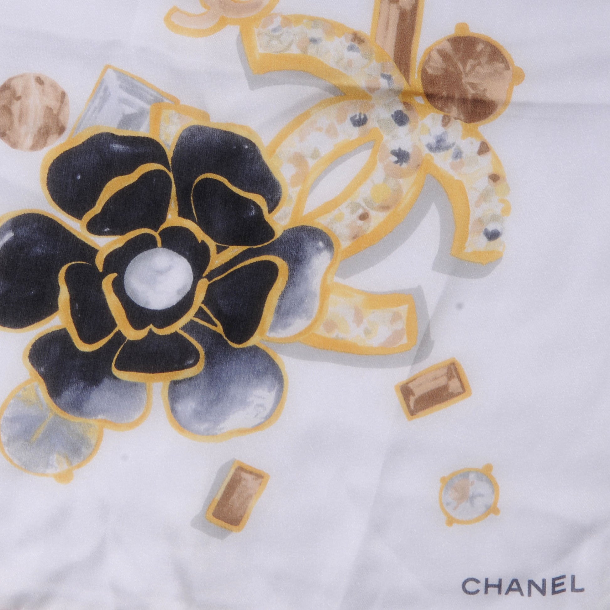 Chanel Silk Camellia Flower Scarf Black Beige 3 of 5