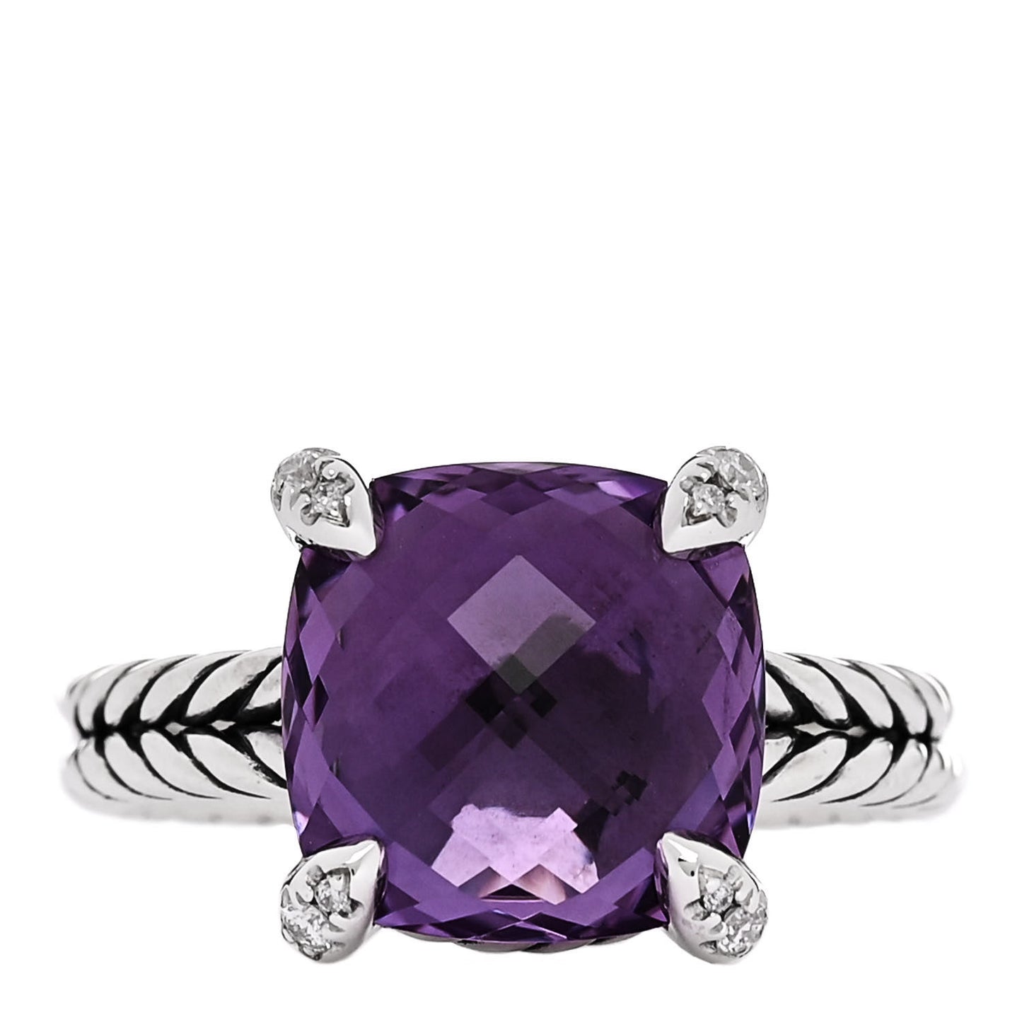 Sterling Silver Diamond Amethyst 11mm Chatelaine Ring 53 6.5