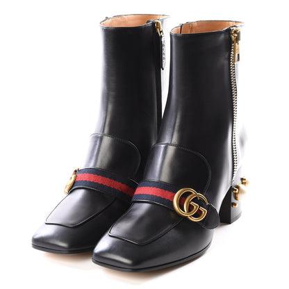Gucci Betis Glamour Calfskin Web Pearl Embellished Peyton 75mm Ankle Boots 40.5 Black 2 of 9