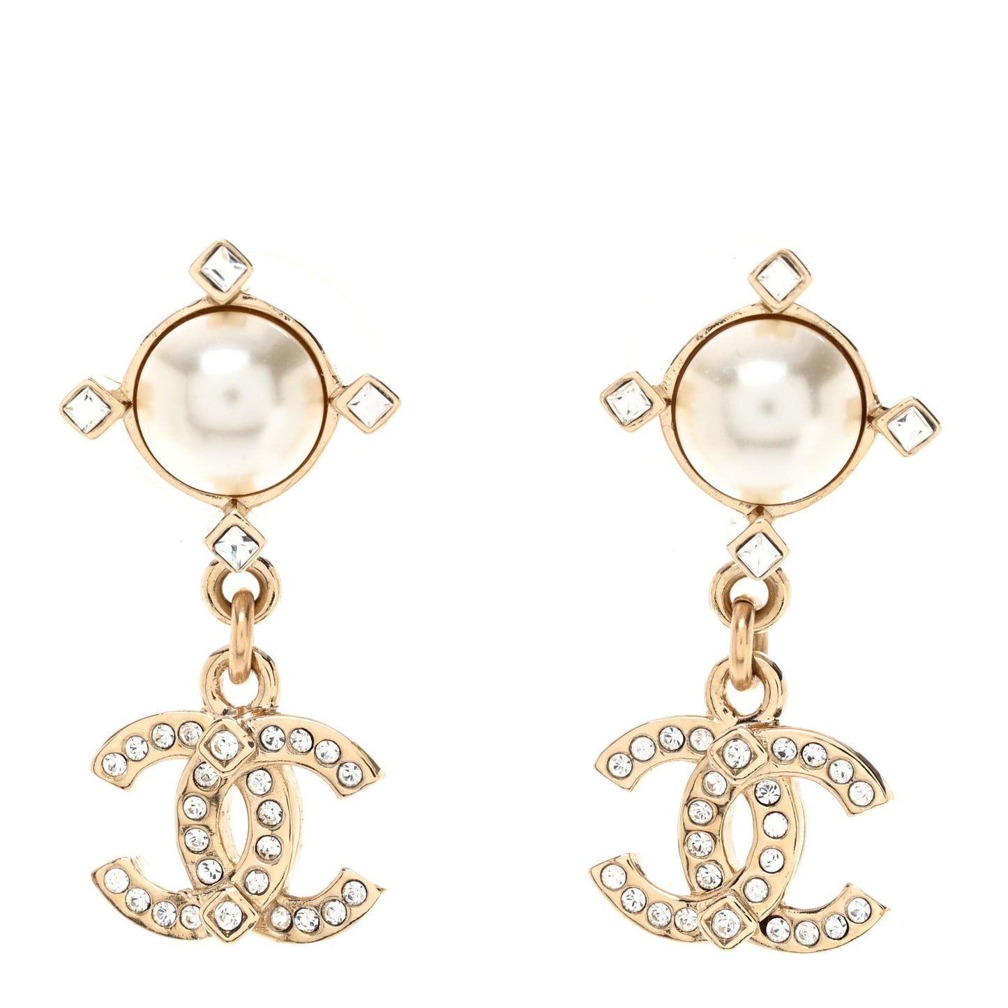 Crystal Pearl CC Drop Earrings Gold
