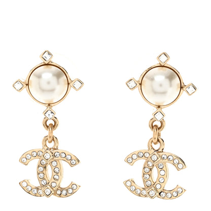 Chanel Crystal Pearl CC Drop Earrings Gold 1 of 5