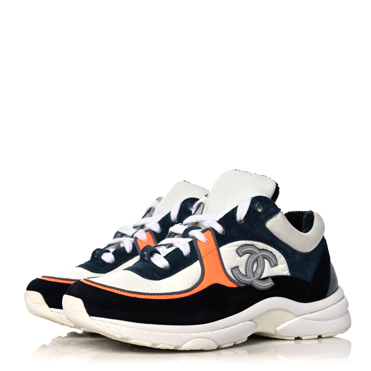 Nylon Calfskin Suede CC Womens Sneakers 36 Navy White Orange Black