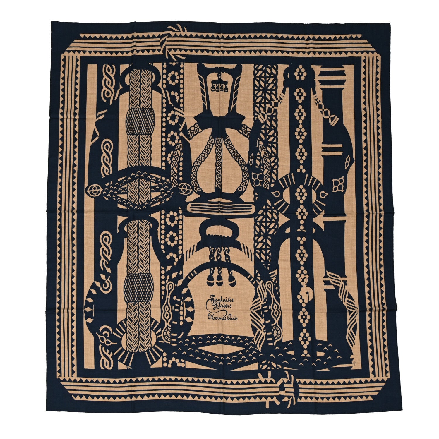 Hermes Cashmere Fantaisie D'Etriers Shawl 140 Caramel Caban 1 of 4