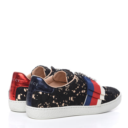 Gucci Lace Crystal Sylvie Web Flower Leaf Womens Ace Sneakers 34.5 Black Tan Beige 4 of 10