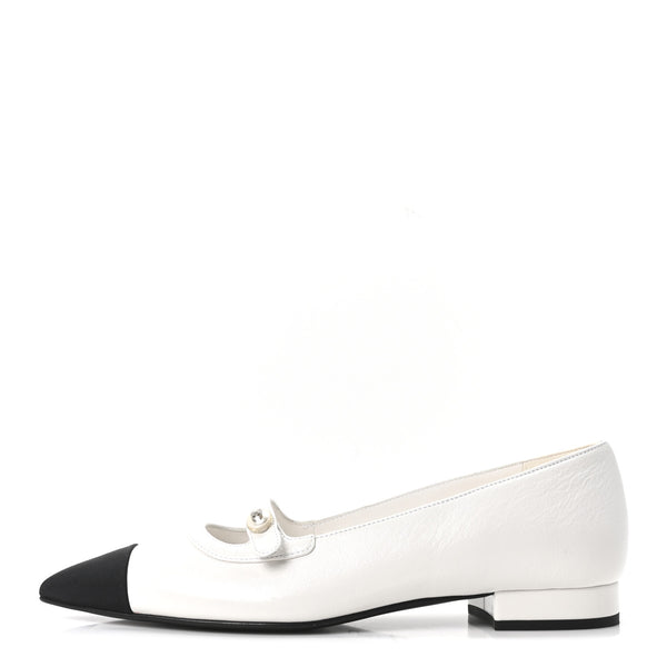 Chanel Shiny Lambskin Grosgrain Pearl Mary Janes Flats 37.5 White