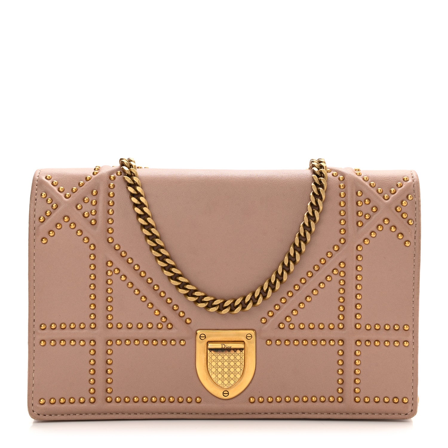 Christian Dior Calfskin Studded Diorama Wallet on Chain Pouch Nude 1 of 8