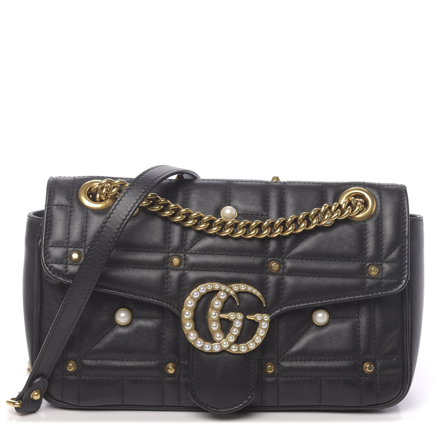 Calfskin Matelasse Studded Small Pearly GG Marmont Shoulder Bag Black