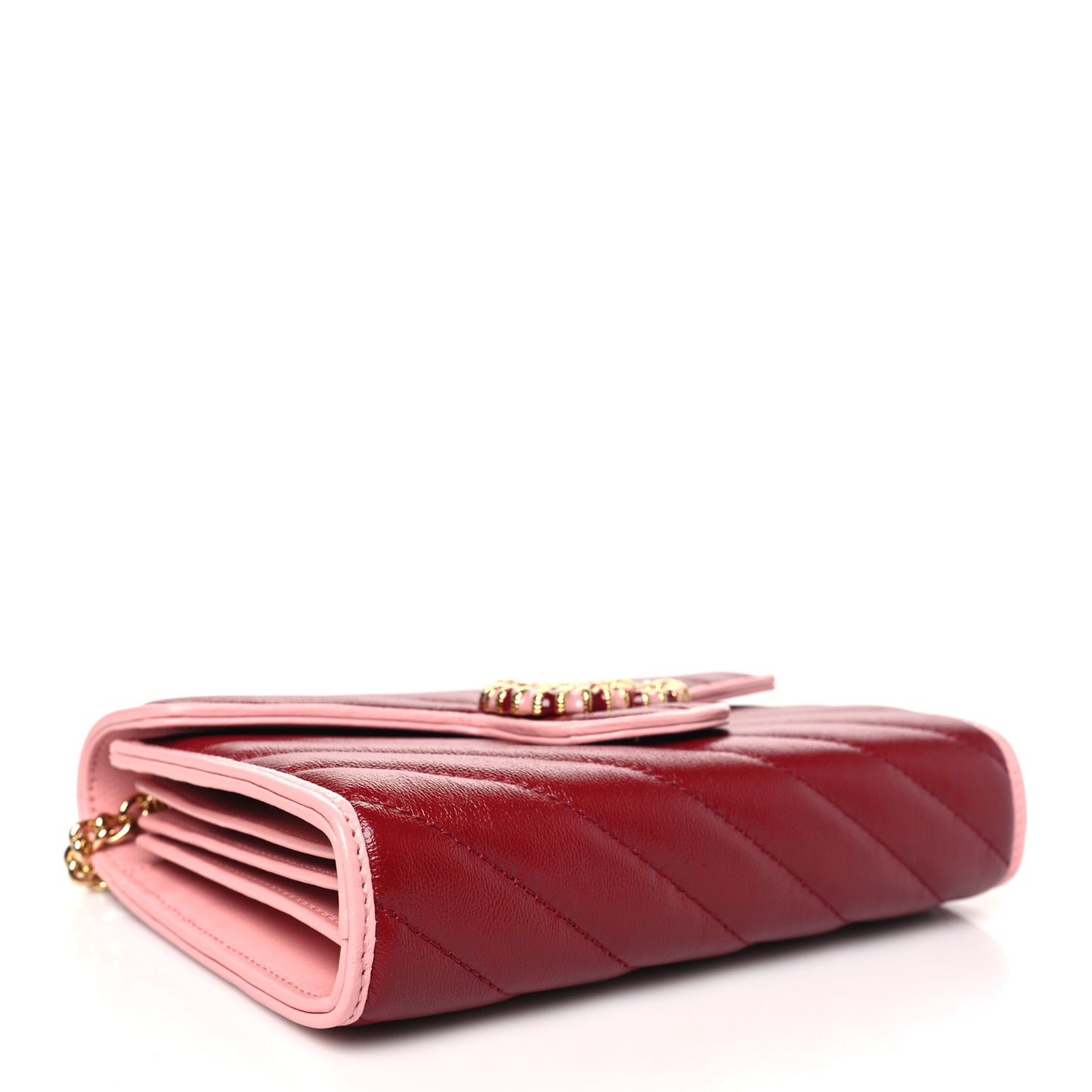 Azalea Calfskin Enamel Matelasse Diagonal Torchon GG Marmont Chain Wallet New Cherry Red Wild Rose